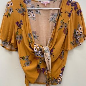 Mustard floral spring wrap top